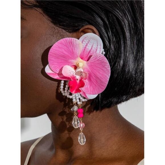 Butterfly Orchid Flower Earrings – Boho Pink Floral Dangle Earrings - Picture 4 of 5